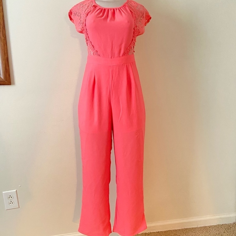 Coral Lace Wide Leg Jumpsuit Pants